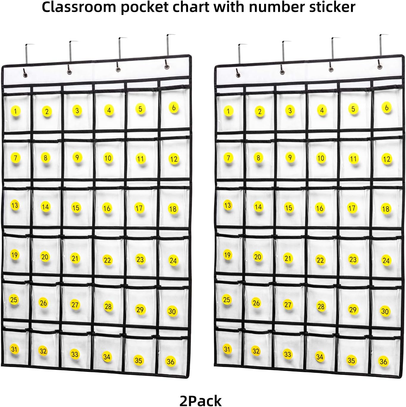 SAVERHO 36 Clear Pockets Classroom Pocket Chart for Cell Phone and Calculator Holder, Door Hanging Pocket Chart for Classroom Phone Holder with Number Sticker and Hooks (Blue)