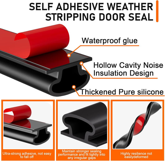 Black Rubber Weather Stripping Door Seal Strip, D Shape Door Weather Seal Strip, Self-Adhesive Soundproofing Frame Insulation Tape for Doors Frame/Window Seal,Blocks Cold Drafts Noise