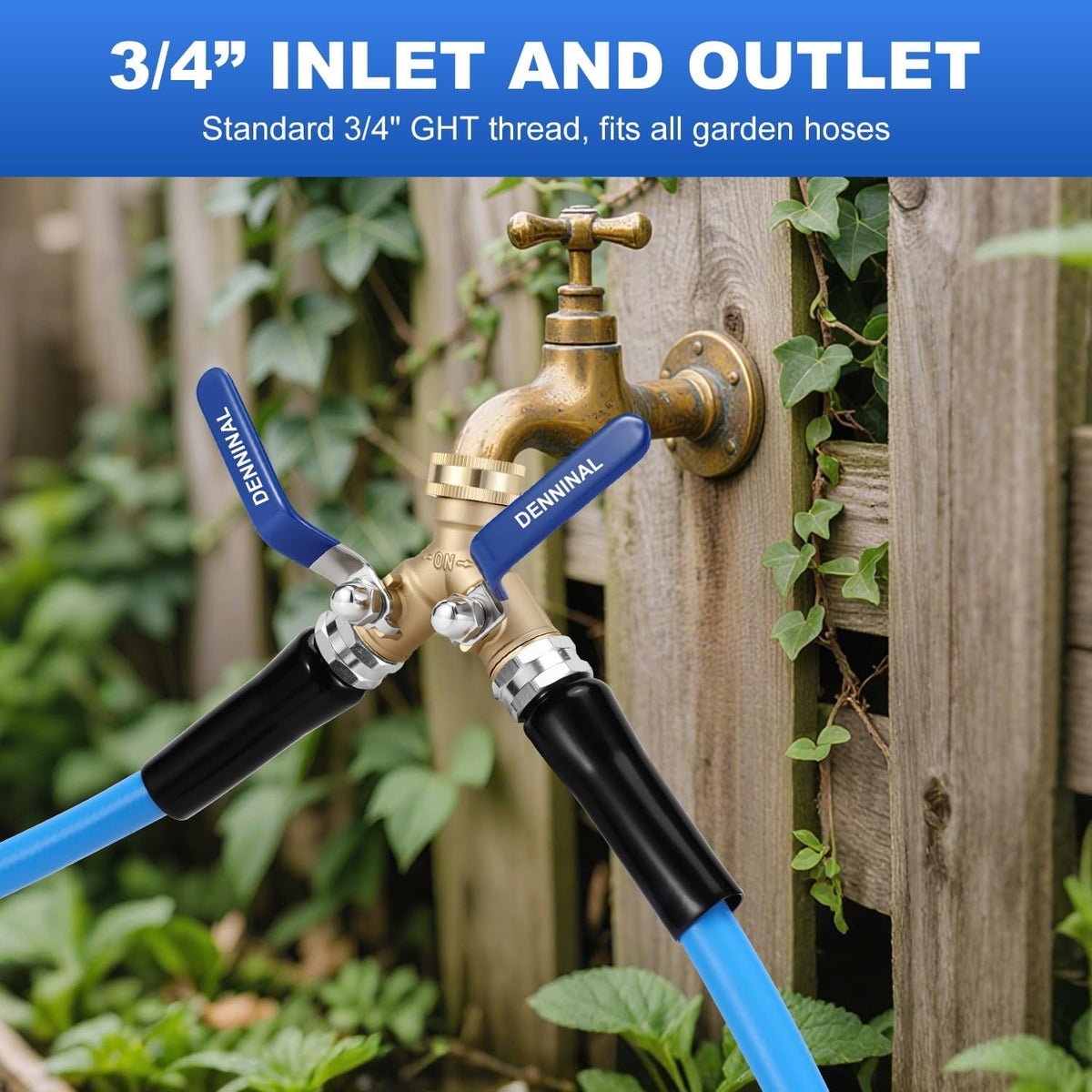 Brass Garden Hose Splitter 2 Way Heavy Duty, Safe Water Hose Splitter with 304 Stainless Steel Long Handle, Outdoor Full Flow Hose Bib Splitter Connector, Y Valve 3/4 Inch GHT Thread