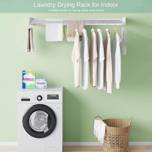 Wall Mounted Laundry Rack, Collapsible Clothes & Towel Drying Rack for Indoor & Outdoor, 40' W x 16.5 L Ft, 60 lb Capacity, White