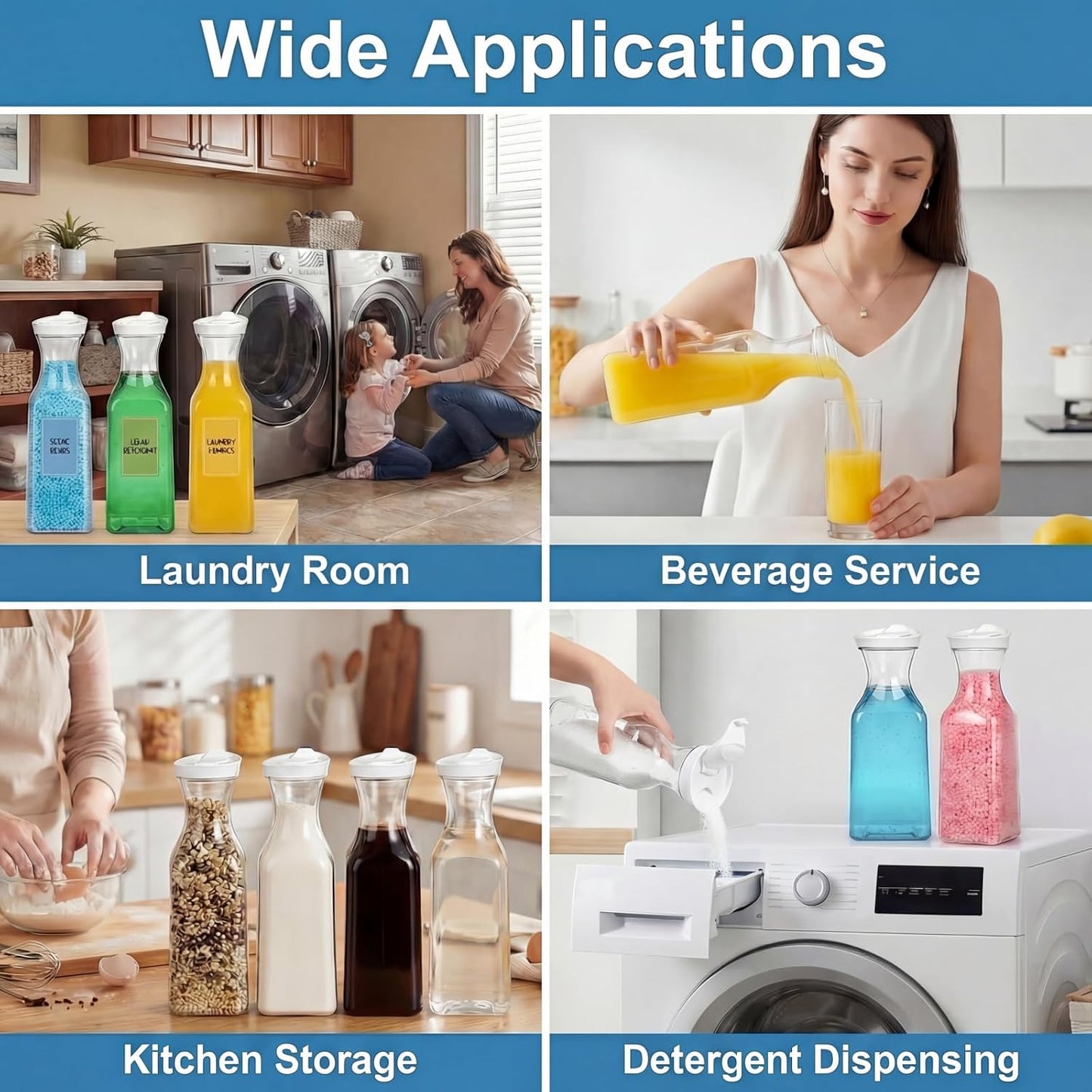 Goaste 4 Pack Laundry Detergent Dispenser, 54oz Laundry Soap Dispenser Bottle with Waterproof Label, Liquid Laundry Detergent Container, Plastic Fabric Softener Organizer for Bleach Powder Beads