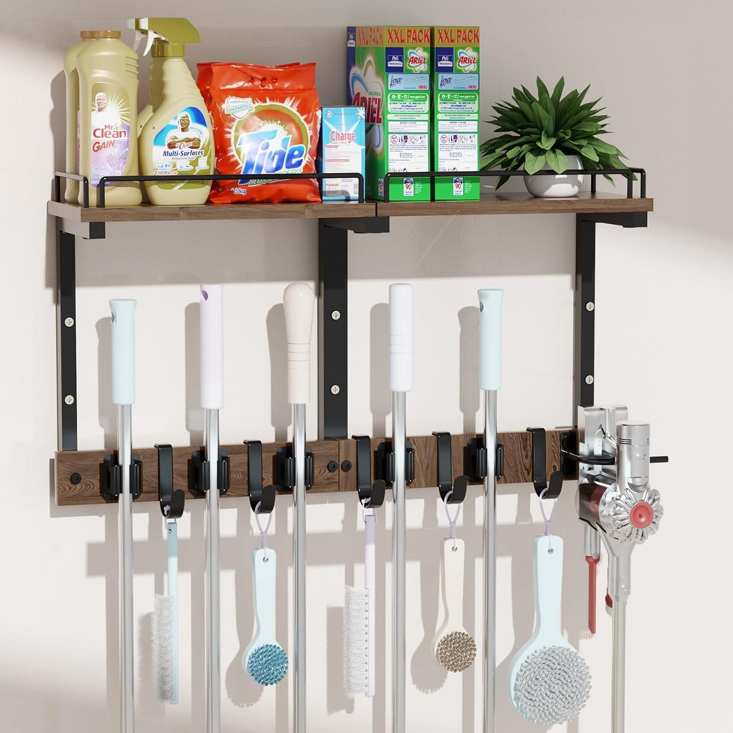 Mop Holder Wall Mount with Cleaning Supplies Organizer, Wood Mop and Broom Hanger Rack Organizer with Anti-Fall Wall Shelf with 5 Clips & Hooks for Garage Laundry Room Kitchen (Brown)