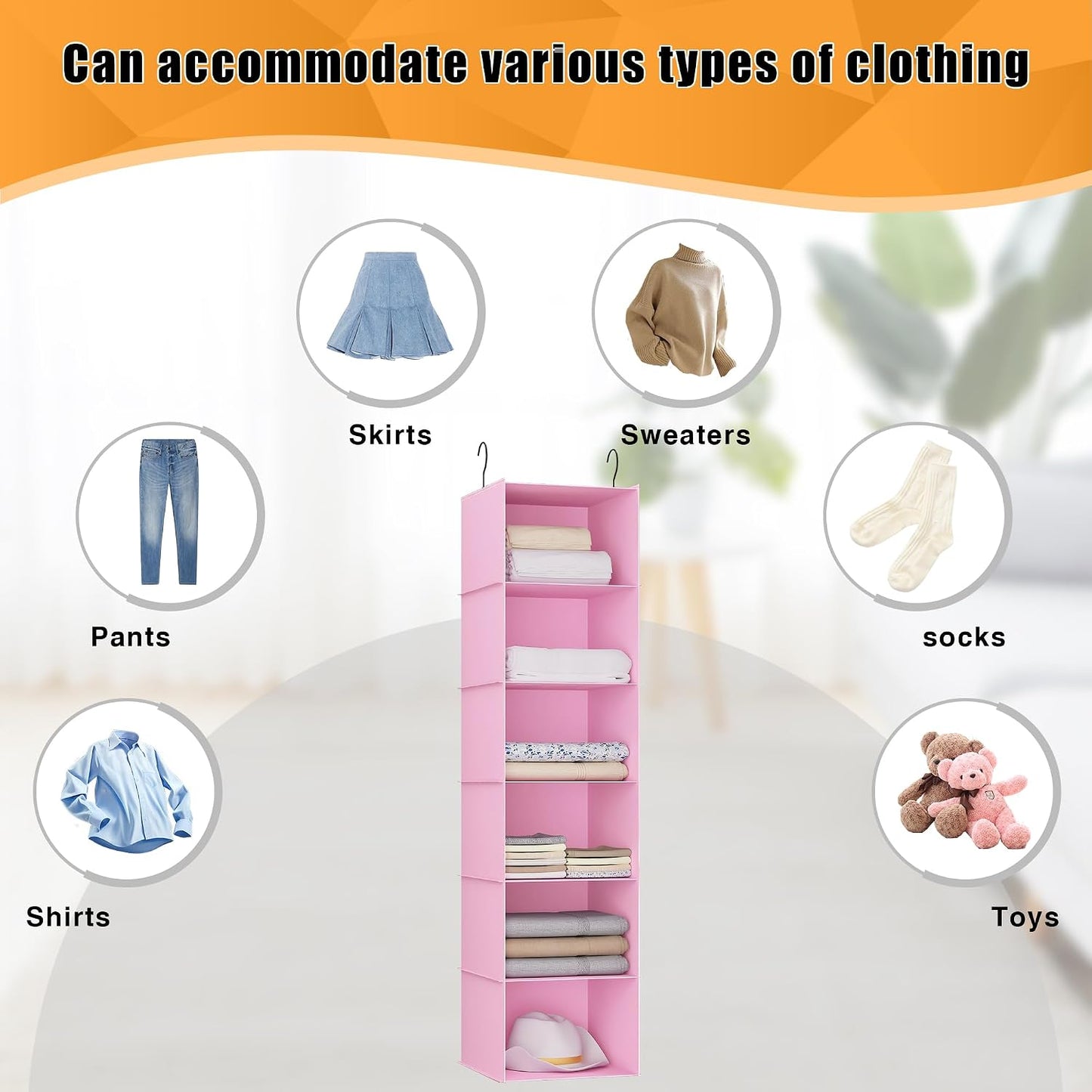 Hanging Closet Organizer 3-Shelf, Oxford Fabric Wardrobe Storage, Gray | Easy-mount foldable design holds clothes, handbags, shoes & accessories; washable Oxford fabric, sturdy and space-saving.