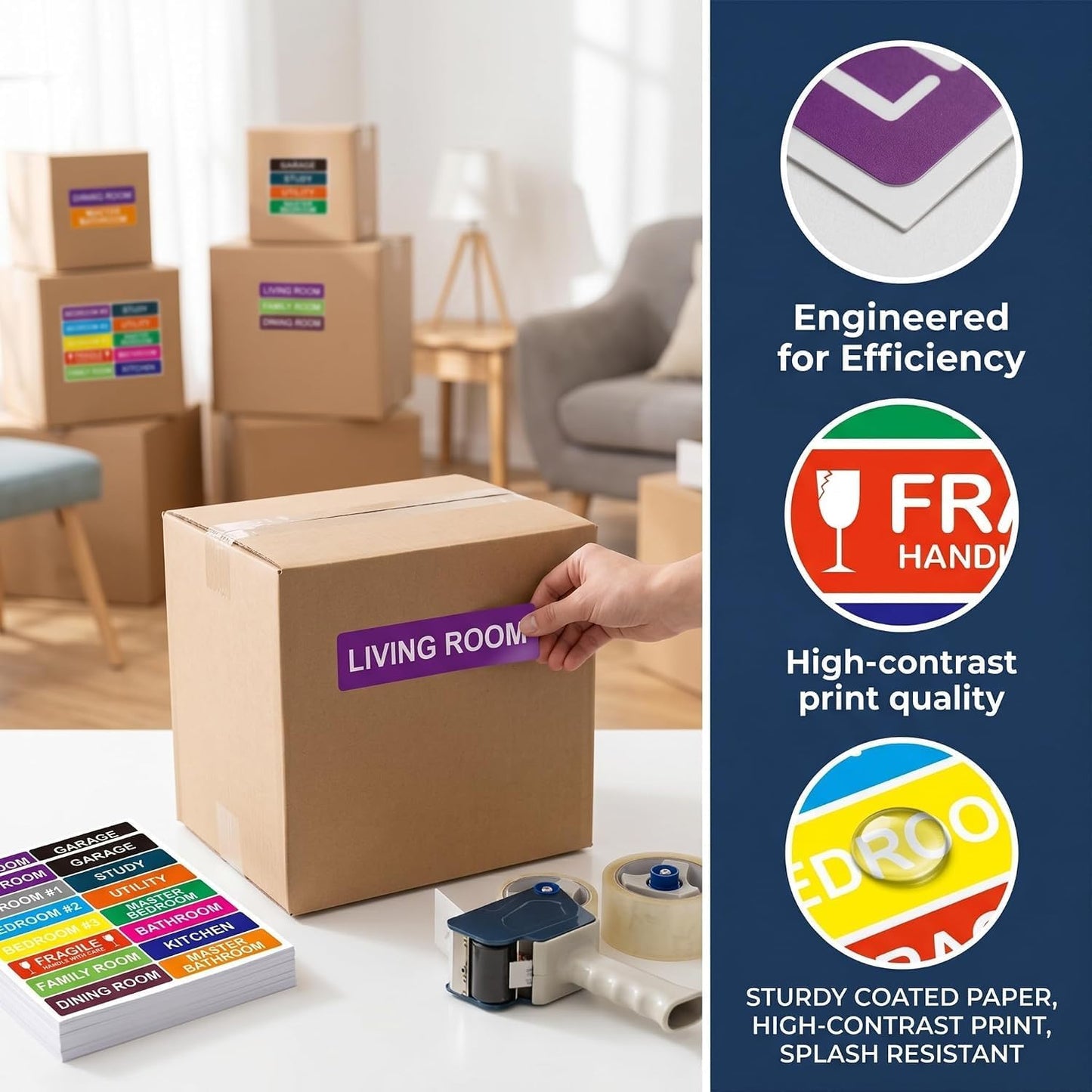 Color Coded Moving Labels for Boxes 20 Sheets, 280 Stickers,3 | 14 Color Varieties, Includes Fragile Labels, Residue-Free Removal, Strong Self-Adhesion, Multi-Surface Use