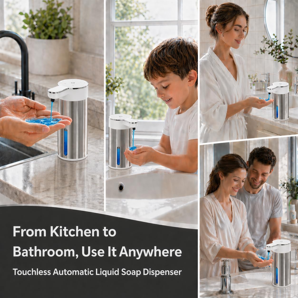 Automatic Foaming Soap Dispenser Touchless, 304 Stainless Steel Hand Soap Dispenser, USB Rechargeable, 4 Adjustable Levels, 13.5 oz (400 ml), for Kitchen & Bathroom (Black, Foam)