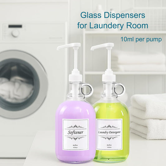 2 Pack Laundry Detergent Dispenser with Pump and Lid, 64 Oz Glass Bottles for Laundry Room Organization and Storage, Fabric Softener Dispenser for Washer