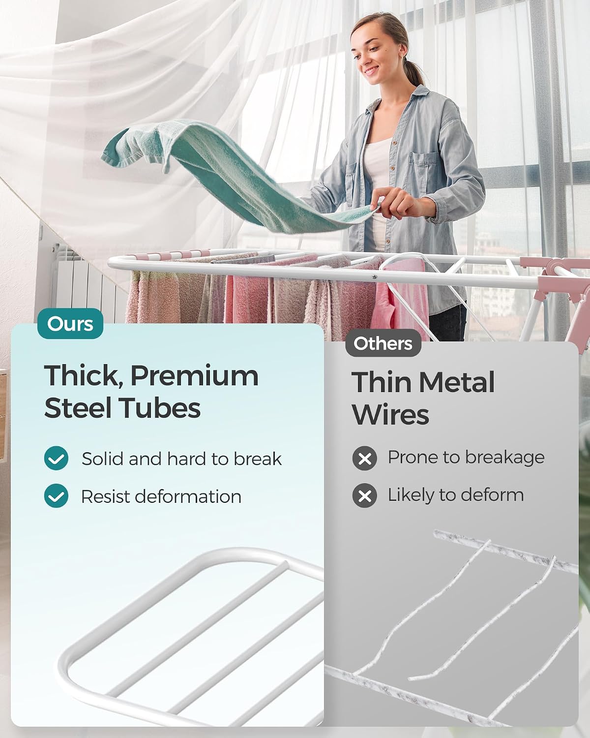 SONGMICS Clothes Drying Rack, Foldable 2-Level Laundry Drying Rack, Free-Standing Laundry Airer, with Height-Adjustable Wings, 33 Drying Rails, Sock Clips, Silver and Blue ULLR53BUV1