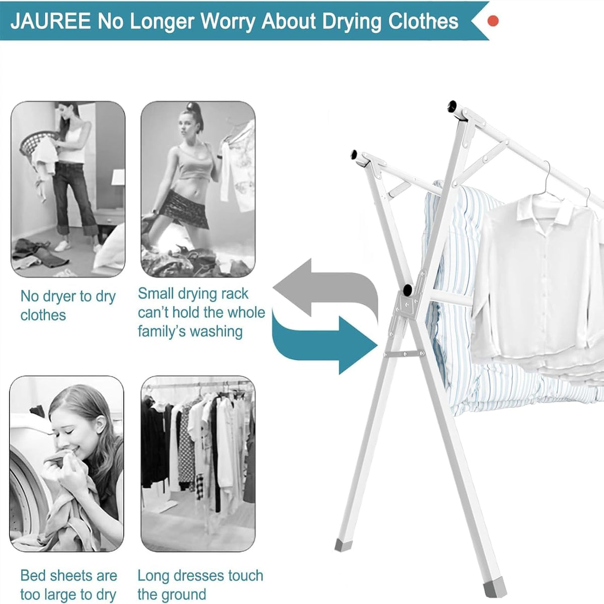 JAUREE 79 Inches Clothes Drying Rack, Drying Rack Clothing Folding Indoor Outdoor, Heavy Duty Stainless Steel Laundry Rack, Foldable Portable Large Clothes Rack Garment Rack with 20 Windproof Hooks