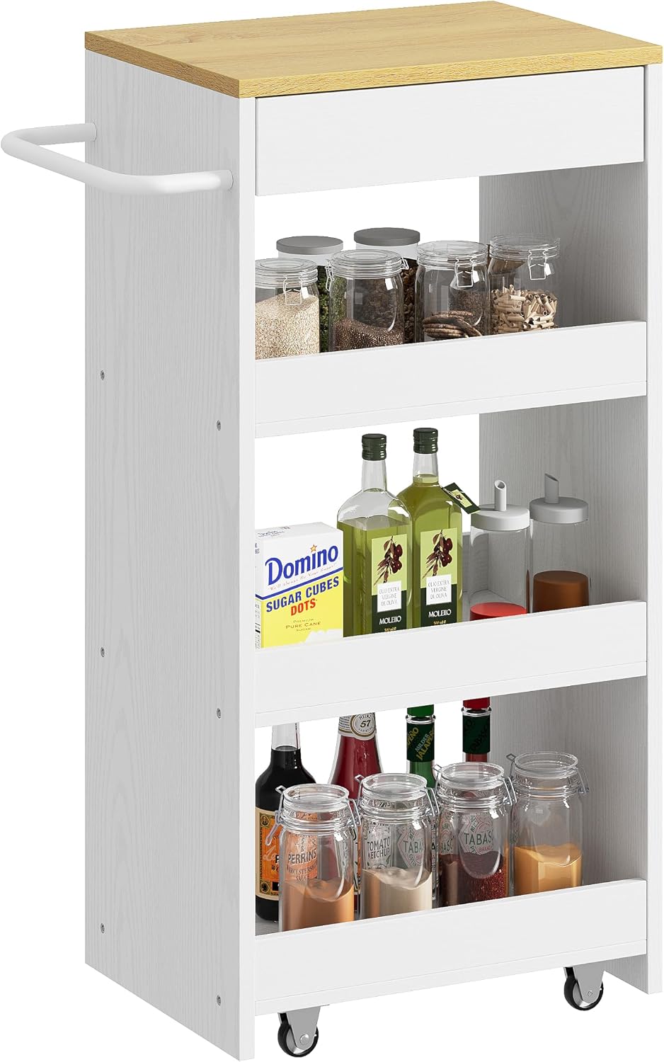 IRONCK Slim Storage Rolling Cart with Drawer and Wheels and Handle, 4 Tier Slide Out Utility Kitchen Cart for Small Spaces Kitchen Laundry Narrow Places, 11.8" D White