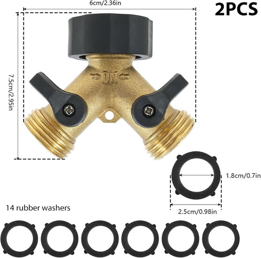 2 Pack Brass Hose Splitter 2 Way, 3/4" Heavy Duty Garden Hose Y Splitter with 14 Rubber Washers, Leak-Free Spigot Splitter with Easy-Grip TPR Valves, Faucet Splitter for Outdoor Garden Lawn Watering