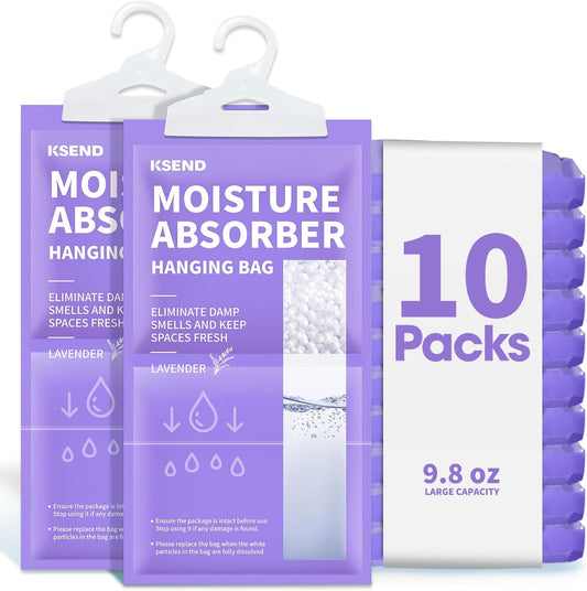 Ksend Moisture Absorbers 10 Pack, 9.8 Oz Compact Dehumidifier Bags & Packs, Moisture Hanging Bag, Humidity Absorbers, Closet Deodorizer Against Musty Odors, 11.8'' x 6.3''