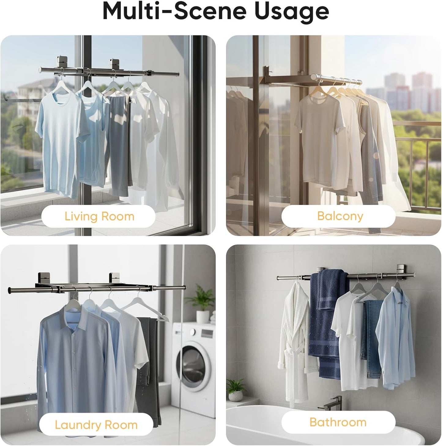 Wall Mounted Drying Rack, Laundry Clothes Drying Rack Foldable, Suction Cup and Telescopic Clothes Drying Pole, Rust-Resistant Carbon Steel No-Drill, Suitable for Flat Surfaces