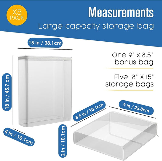 Houseables Sweater Bags Moth Proof, Clothing Storage Bags, with Zipper, Sweater Storage, Clear Zippered Organizers, Clothes, Blanket, Linen, Bedding, Quilt, Vinyl Plastic Protectors, 18x15x4”, 5 Pack.