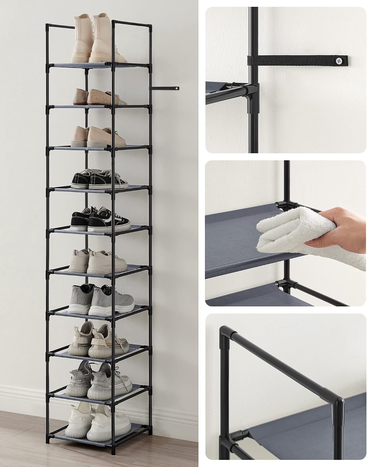 SONGMICS Shoe Rack, 10-Tier Shoe Shelf, Shoe Storage Organizer, 11 x 17.7 x 68 Inches, Metal Frame, Non-Woven Fabric Shelves, for Entryway, Bedroom, Black ULSH010B02