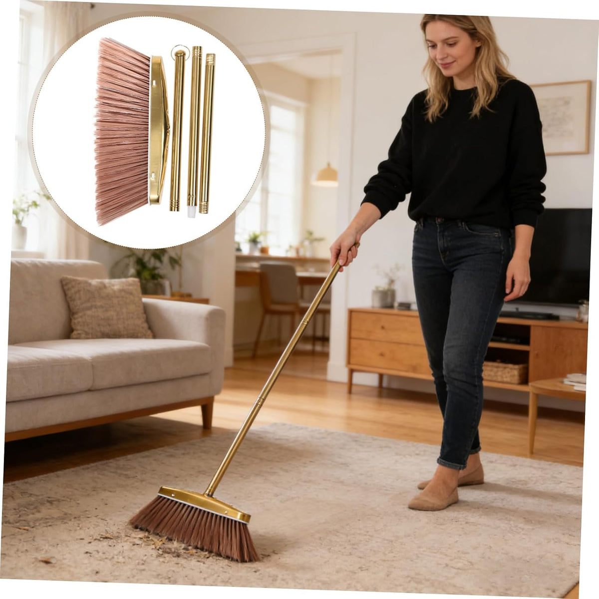 UKCOCO Heavy Duty Gold Stainless Steel Broom with Detachable Handle, Thick Fine Bristle Floor Sweeper for Indoor Hardwood and Outdoor Patio Cleaning