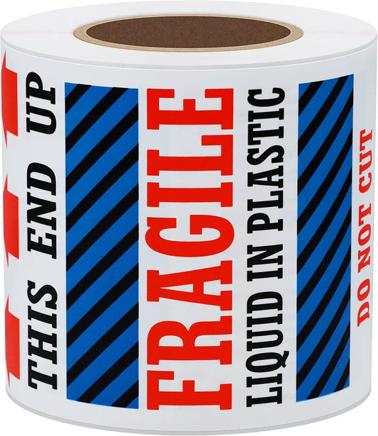 Hybsk 3 x 5 Fragile Liquid in Plastic This End Up Safe Handling Stickers for Shipping and Packing - 100 Adhesive Labels Per Roll