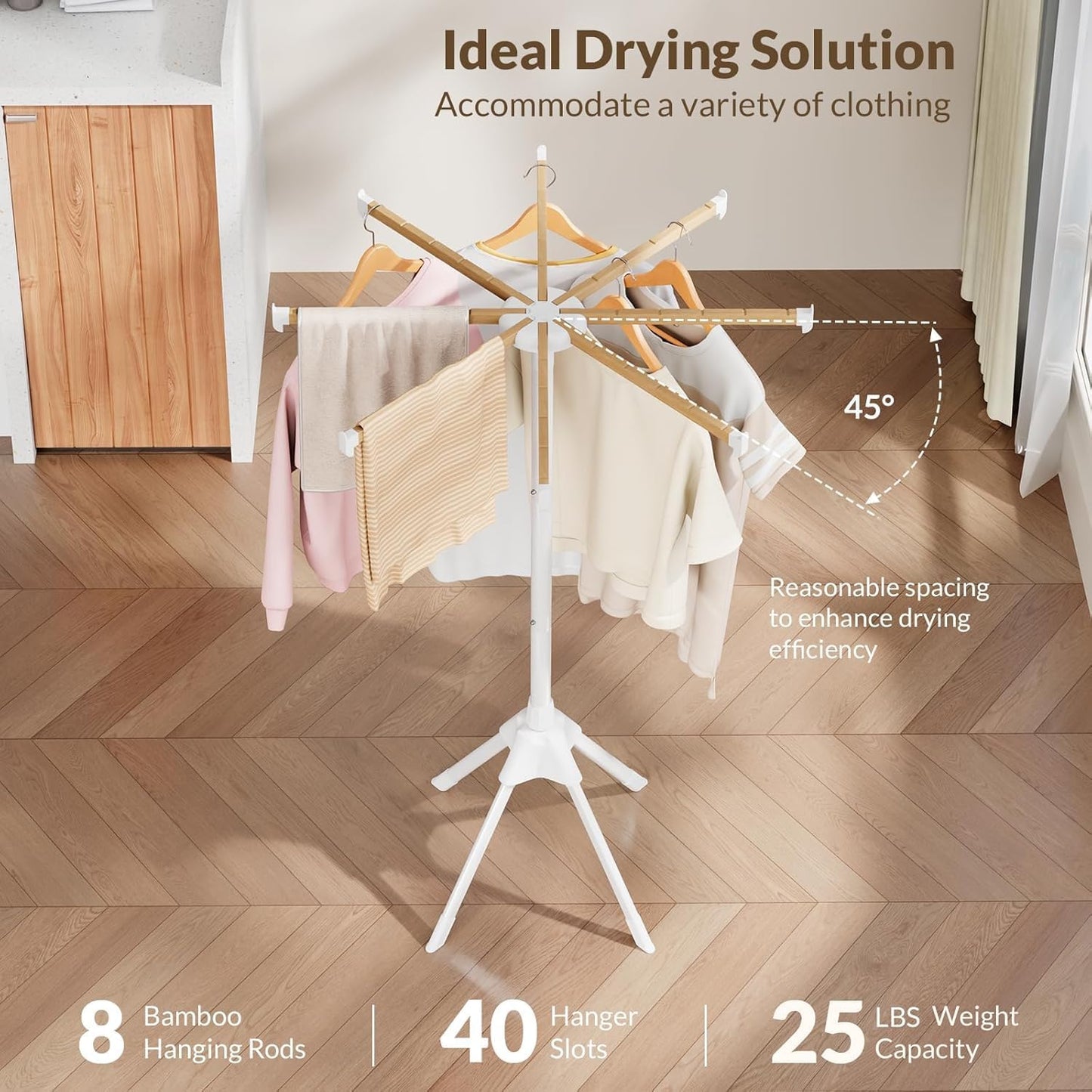 Wood Clothes Drying Rack, Foldable Collapsible Laundry Rack with 8 Adjustable Rods, Stable Space Saving Garment Organizer for Indoor Outdoor, Laundry Room, Bedroom, Bathroom, Balcony, RV, Camping