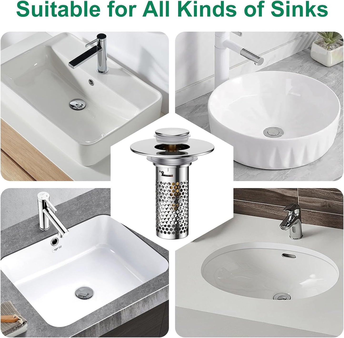 Bathroom Sink Drain Strainer,Universal Pop-Up Sink Stopper Hair Catcher, Anti-Clog Stainless Steel Drain Filter Basket, Removable Sink Drain for Bathroom Sink Stopper (Ysilver-2(with Buckle))