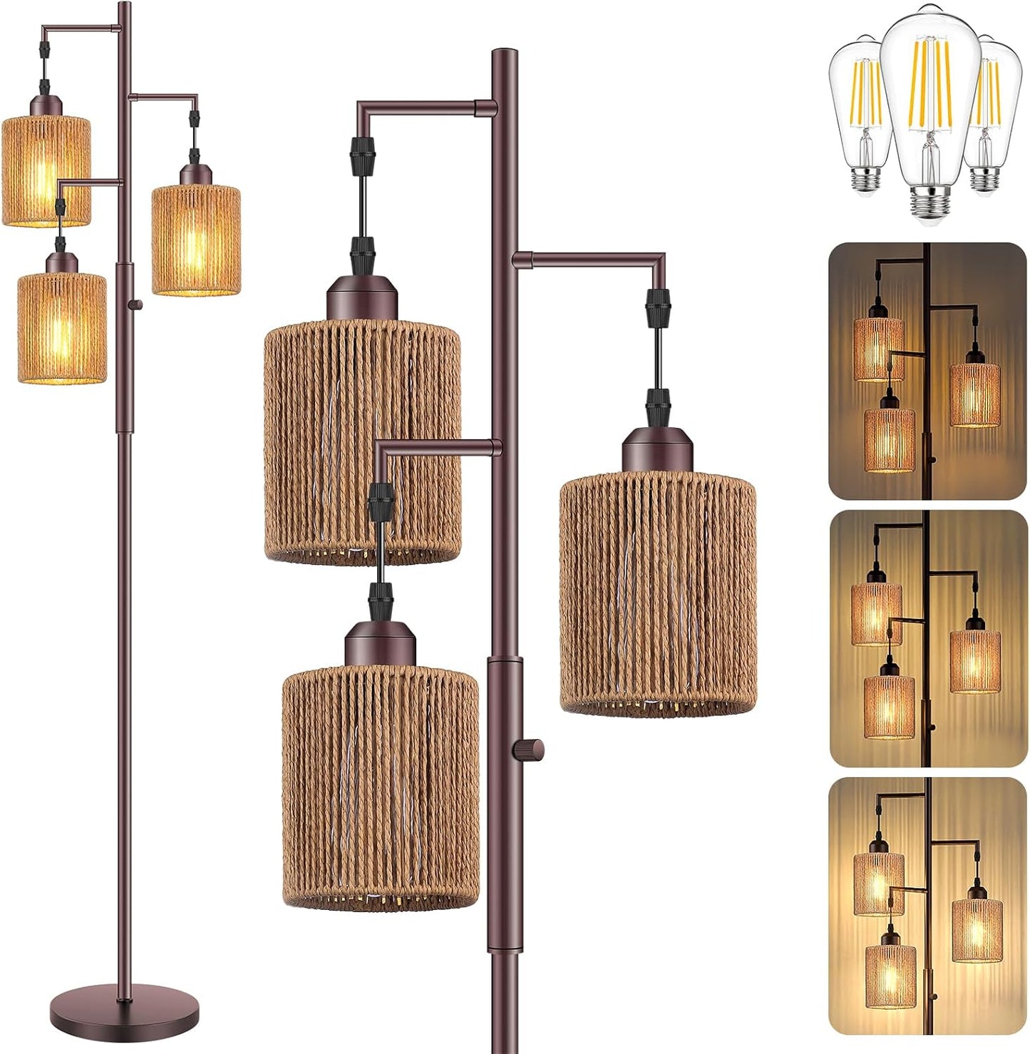 Hotsonic 72" Tall Boho Rattan Style Floor Lamp with Hand-Woven Paper Cord Shade, Dimmable Industrial Tree Standing Lamp for Living Room, Bedroom, Study Room, Office (3 x 800LM Bulbs Included) - Black