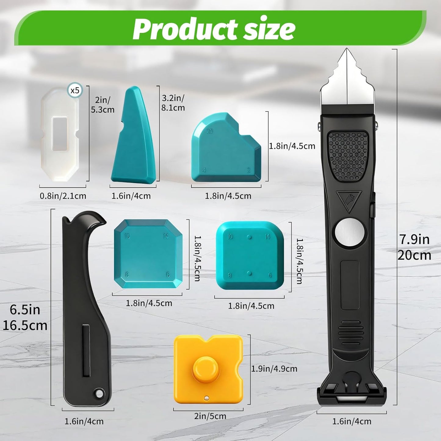 Caulking Tool Kit, 6 in 1 Silicone Caulking Grout Removal Sealant Finishing Tool with Grout Scraper 6 Silicone Pads, Sealant Removal and Trimming Tool with Squeegee for Bathroom, Window, Door, Kitchen