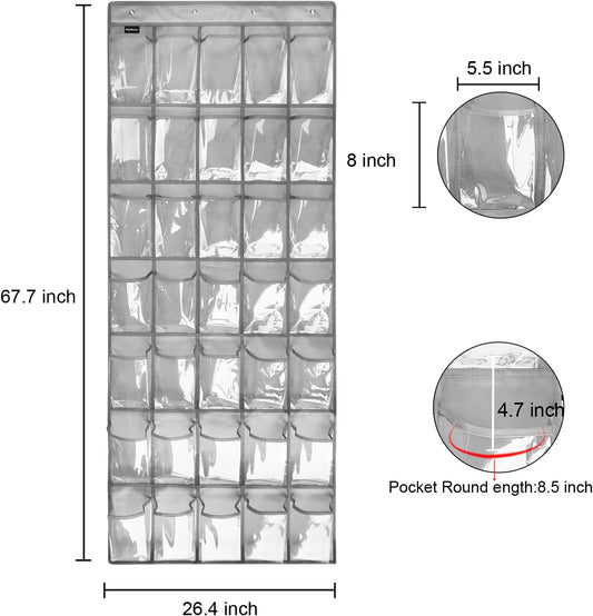 1 Pack 35 Clear Crystal Pockets Large Hanging Shoe Organizer Over The Door Shoe Rack for Closet Door Storage Shoe Holder Hanger, 4Hooks, white (67.7'' x 26.4'')