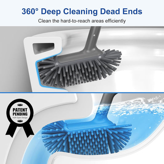 HAMITOR Toilet Bowl Brush Holder Set: Deep Cleaning Silicone Toilet Cleaner Scrubber Under Rim with Curved Bristle for Bathroom Dead Corner Clean - Modern Rv Toilet Decorative Accessories - White
