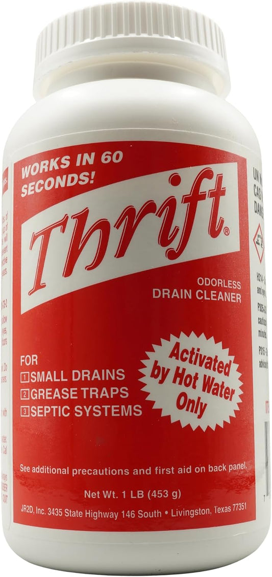Thrift T-100 Odorless Drain Cleaner – Hot Water Activated Drain Cleaner for Small Drains, Grease Traps, Septic Systems & Sewer Lines – 1 Pound Bottle (Pack of 2)