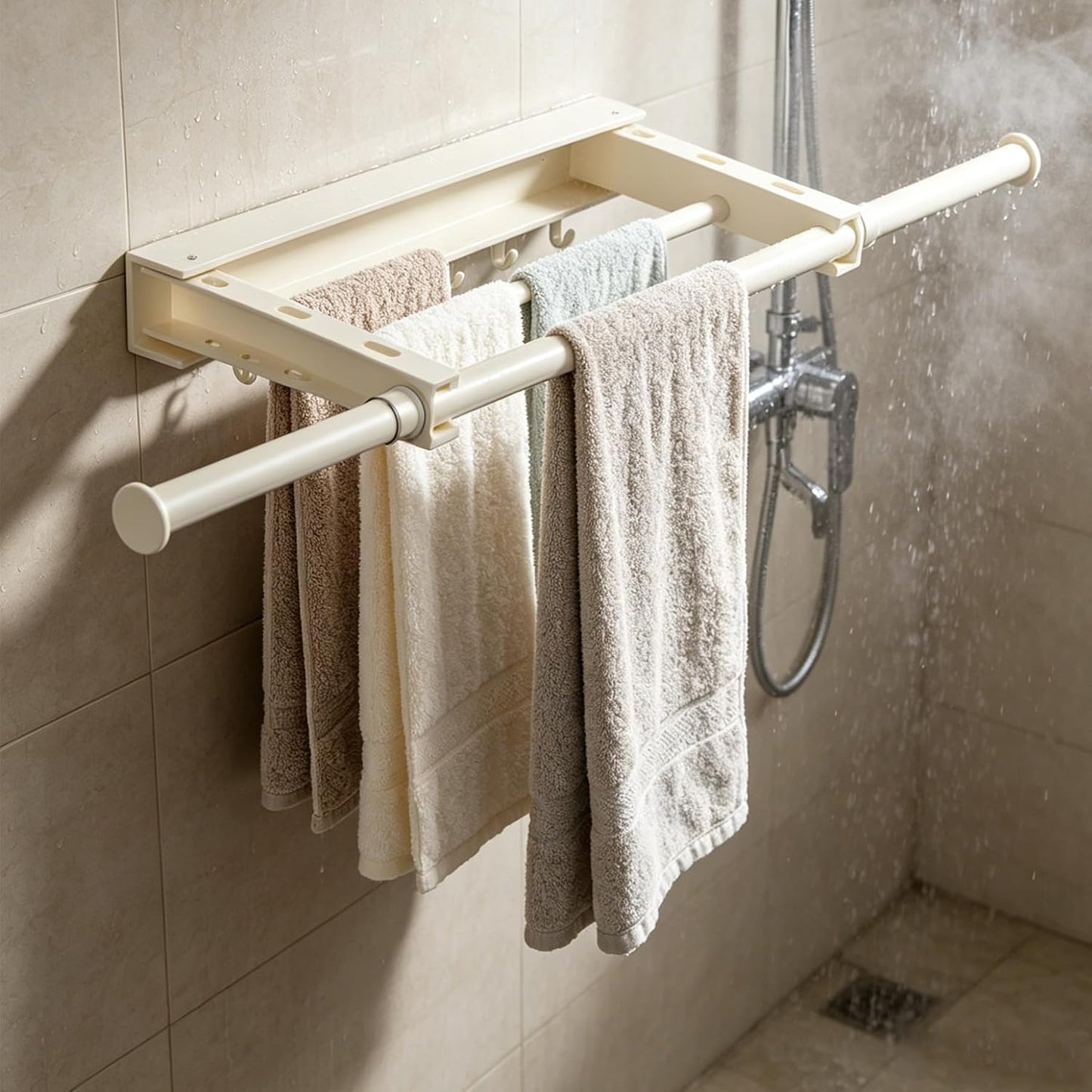 Wall-Mounted Dry Racks Retractable for Bathroom with 4 Hooks Clothes Drying Rack Bathroom Shelf for Collapsible Storage Rack Foldable Towel Holder for Kitchen, Balcony Laundry Room 16.8" to 29.5"