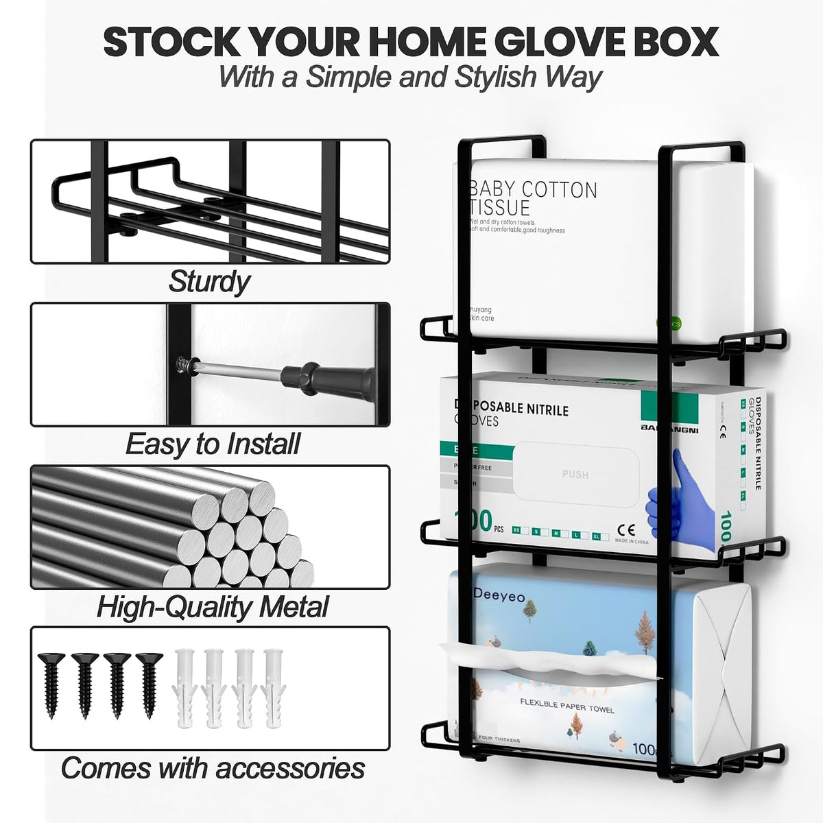 Glove Holder Dispenser for Wall Mount Metal Disposable Latex Glove Box Holder for Home Office, Lab and Garage, Tissue Wire Rack Wall-Mounted for Kitchen Organizer Decor, Blak