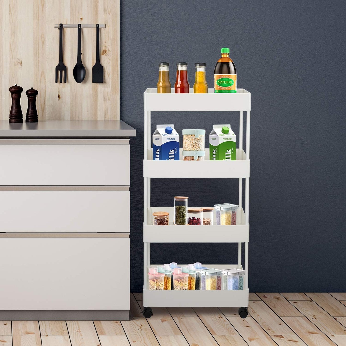 4-Tier Slim Rolling Cart, Slide Out Storage Trolley, Mobile Shelving Unit Organizer with Wheels, Gap Storage Tower Rack for Kitchen Bathroom Laundry Narrow Places