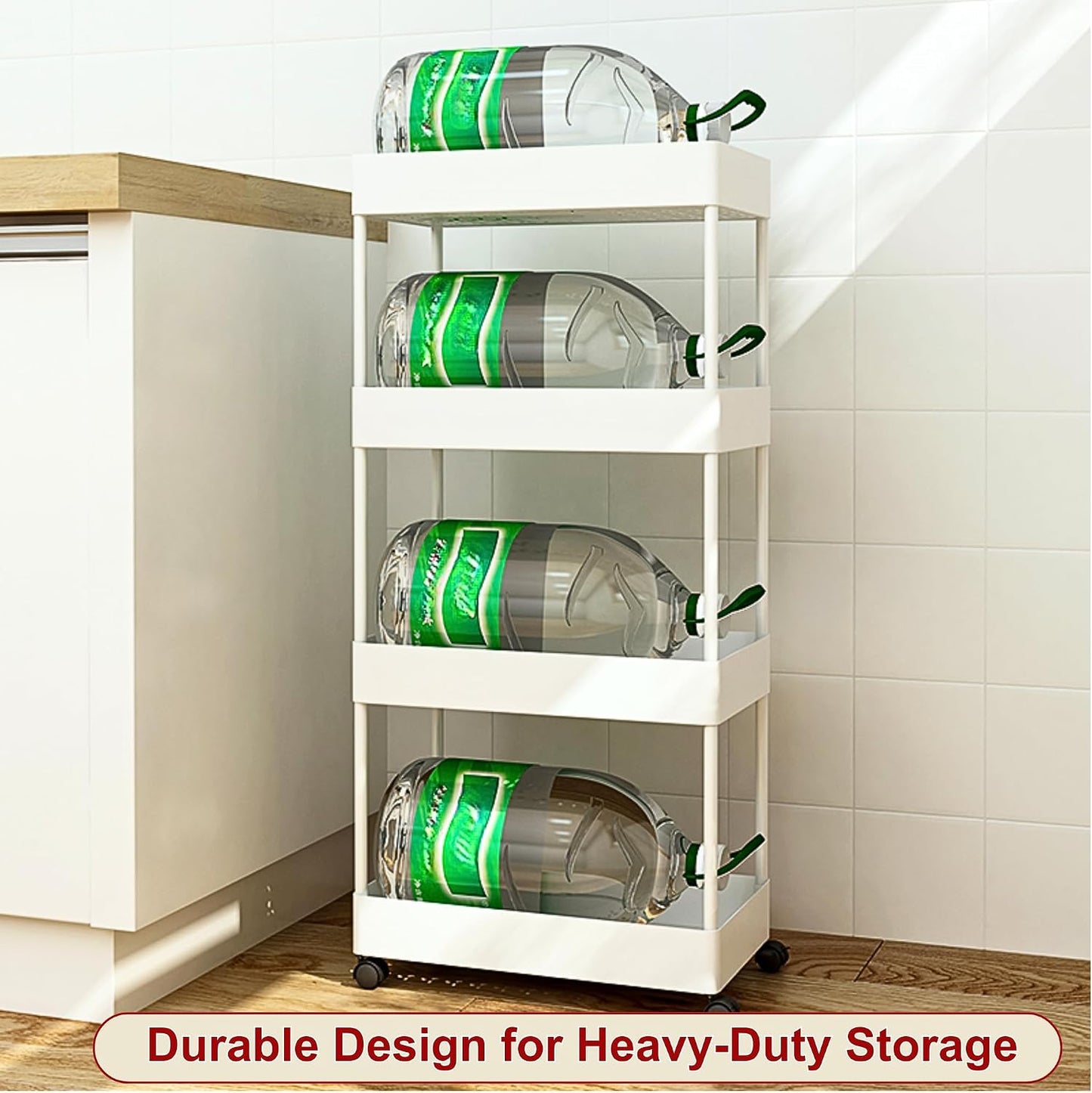 Slim Storage Cart with Wheels Lockable, 4 Tier Narrow Rolling Cart, Hooks and Basket, Multi Cart Organizer for Kitchen Bathroom Laundry Bedroom Office