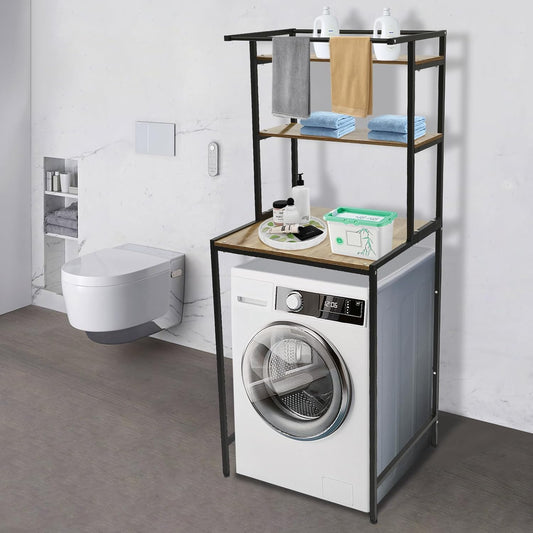 Washer and Dryer Storage Shelf, Three-Tier Compartment and large Compartment Bottom Bathroom Space Saving Organizer Rack 22 lbs Each Tier Capacity, Space Saver Standing Rack (Oak Wood, Black)