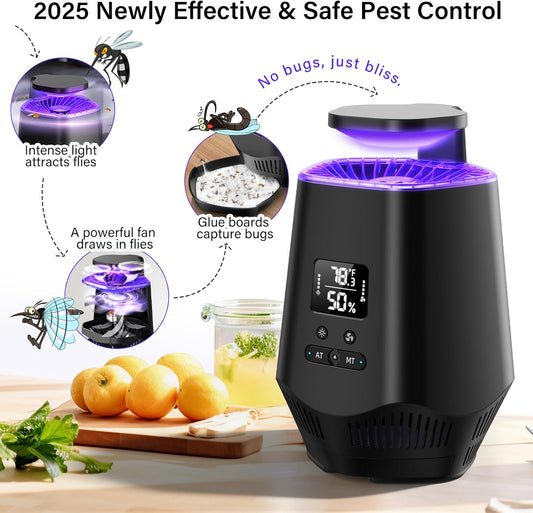 Fruit Fly Traps for Indoors, Smart Fly Trap Indoor Bug Zapper Gnat Traps for House Indoor with Temperature and Humidity Sensor, 10PCS Sticky Boards Black 01