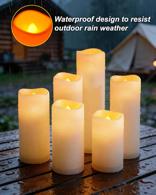Raycare Outdoor Waterproof Flameless Candles, Battery Operated LED Electric Candles with Remote and Timers, Fake Pillar Candle for Patio, Porch, and Wedding Decor, Ivory, Set of 3(3"x4" 5" 6")
