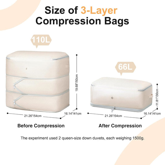 Comforter Storage Bag - Large Capacity Blanket Storage Bags 3-Layer Ultra Space Saving Self Compression Organizer, Washable Compression Bags for Storage Comforter Blanket, 2-Pack, Beige