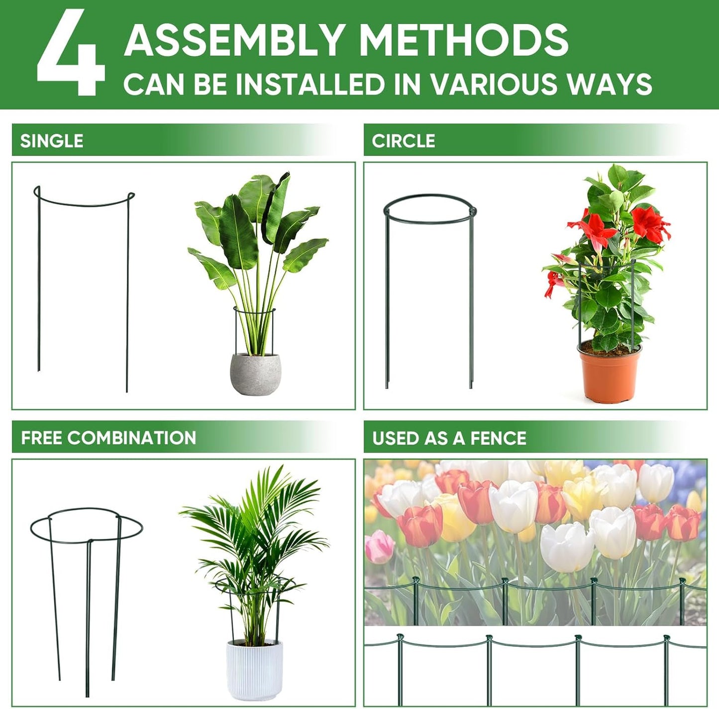 HiGift 10 Pack 24" H x 10" W Tall Plant Support Stakes, Half Round Metal Peony Cages and Supports, Monstera Plant Support Snake Plant Stake Flower Support Ring for Tomato, Hydrangea Outdoor Indoor