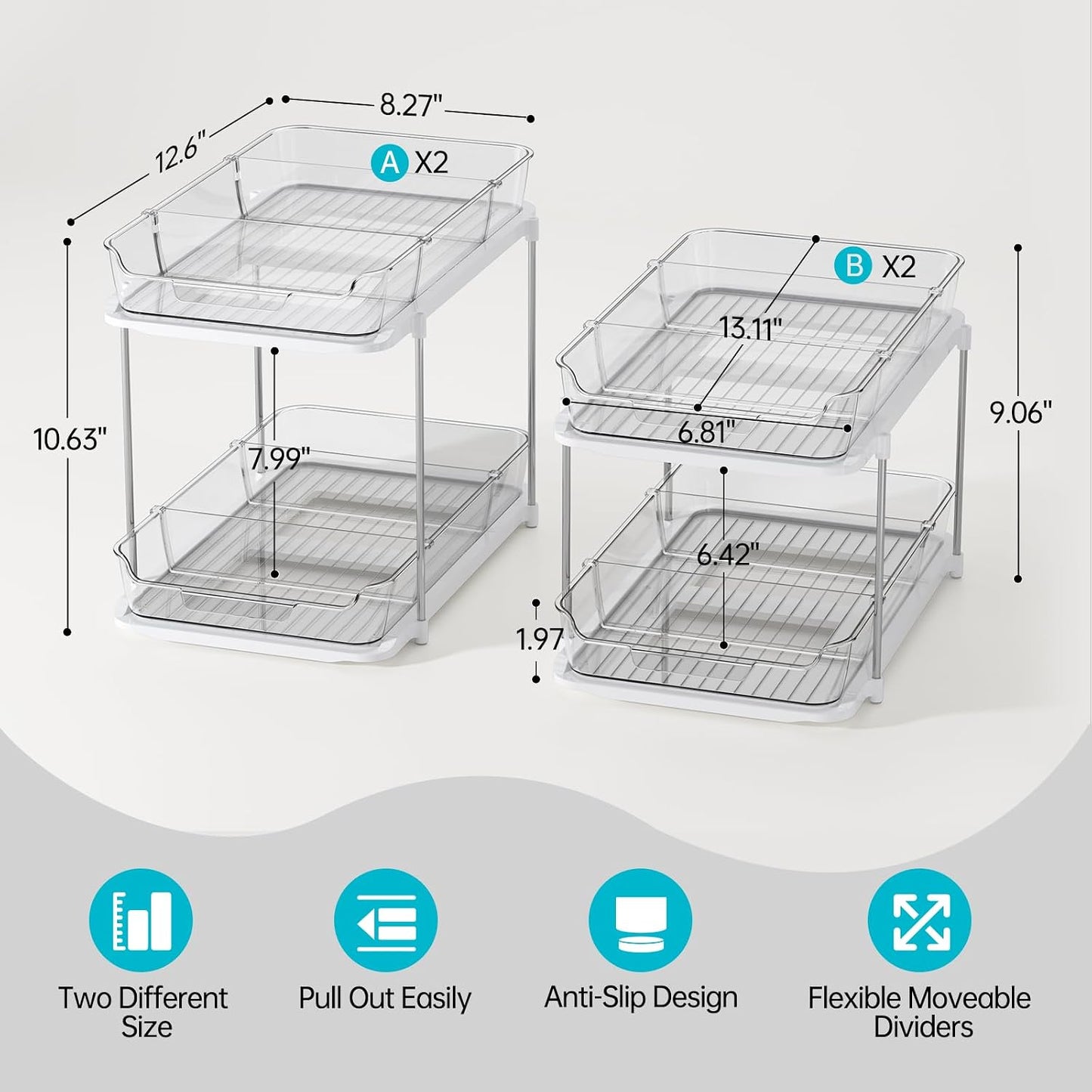 Delamu 2 Sets of 3-Tier Bathroom Under Sink Organizers and Storage, Multi-Purpose Stackable Pantry Organization and Storage, Pull Out Clear Kitchen Bathroom Cabinet Organizer with Movable Dividers | Storage