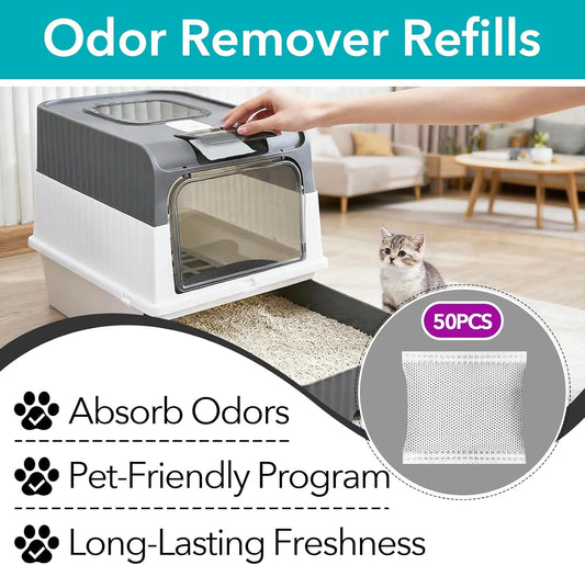 50 Pcs Activated Carbon Odor Eliminator for Hooded Cat Litter Box | Odor Remover Refills, Coconut Shell Charcoal Bags, Pet Odor Control