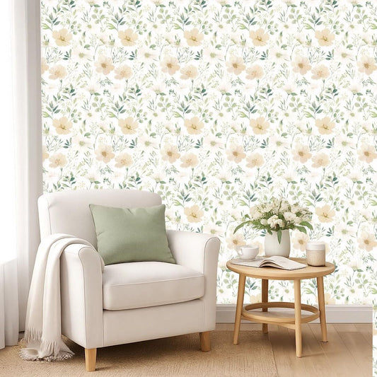 Sage Green Floral Peel and Stick Wallpaper Self Adhesive Removable Modern for Bedroom Accent Wall Renter Friendly Thick Watercolor Natural Flower Wallpaper 17.7" x 118"