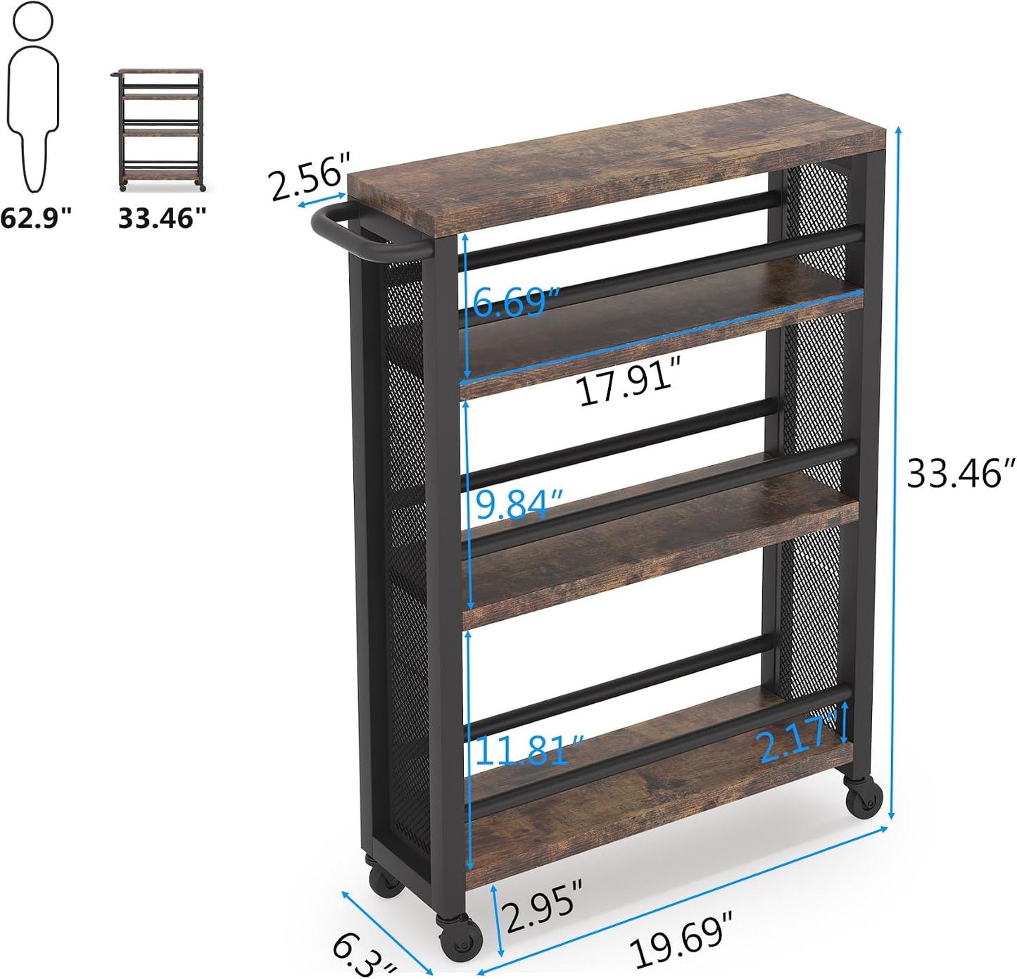 Tribesigns Slim Storage Cart,Narrow Rolling Carts with Wheels,Utility Cart for Small Spaces,4-Tier Metal Frame Trolley Cart with Handle for Kitchen,Laundry, Living Room