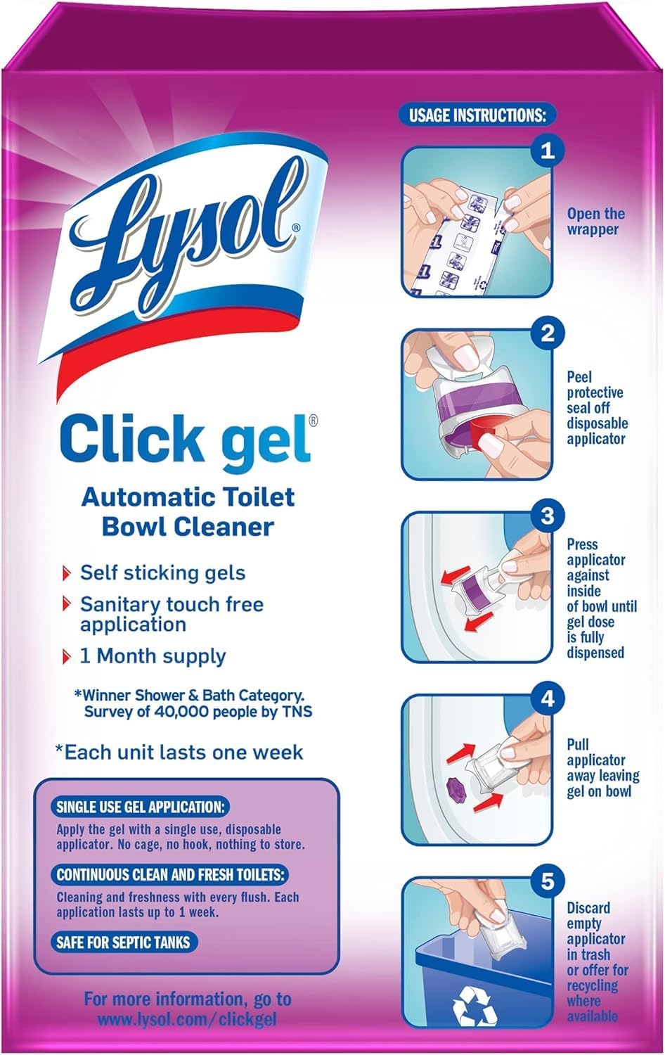 Lysol Click Gel Automatic Toilet Bowl Cleaner, Toilet Gel Stamp, Toilet Freshener, Bathroom Essentials, Refreshing Mango & Hibiscus Scent, 6 Count (Pack of 1)