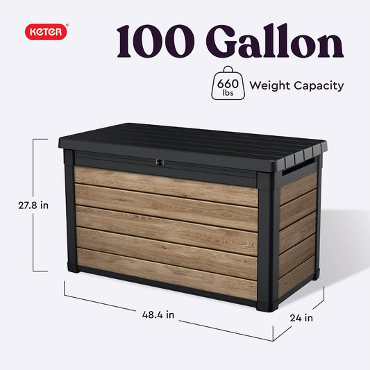 Keter Signature Everwood 30 Gallon Resin Outdoor Storage Box and Patio Furniture Side Table for Pool and Garden Accessories, Walnut