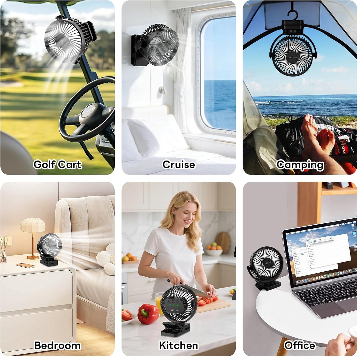 ELZO 12000mAh Clip on Fan, USB Desk Fan Rechargeable with LED Light & Hanging Hook & Magnetic (Black)