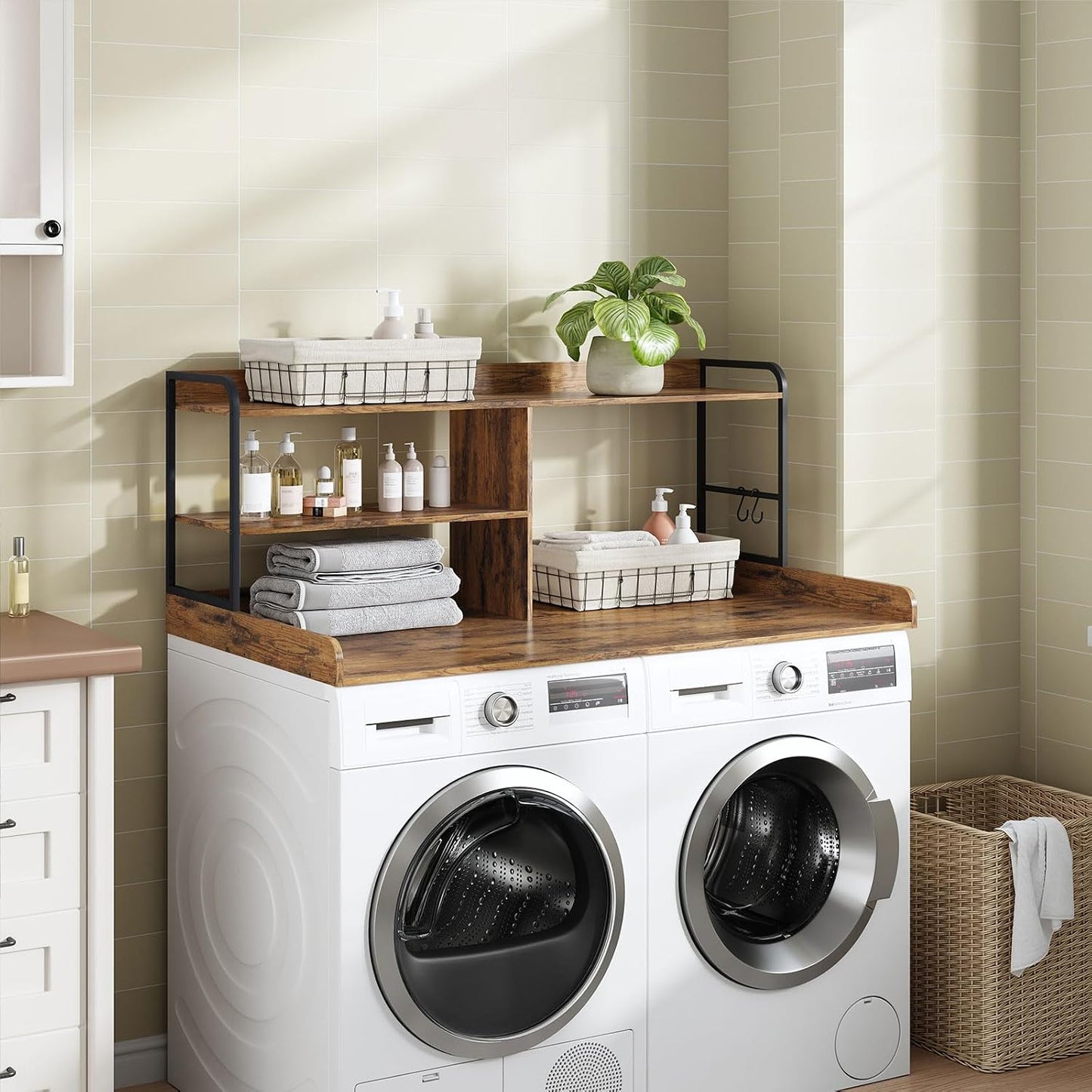 HavenlyYouth Washer and Dryer Countertop with Shelves, 54" x 27.56" 3 Tiers Large Laundry Topper with 2.95" Edge Rails, Laundry Room Storage and Organization with 2 Hooks and Non-Slip Pads