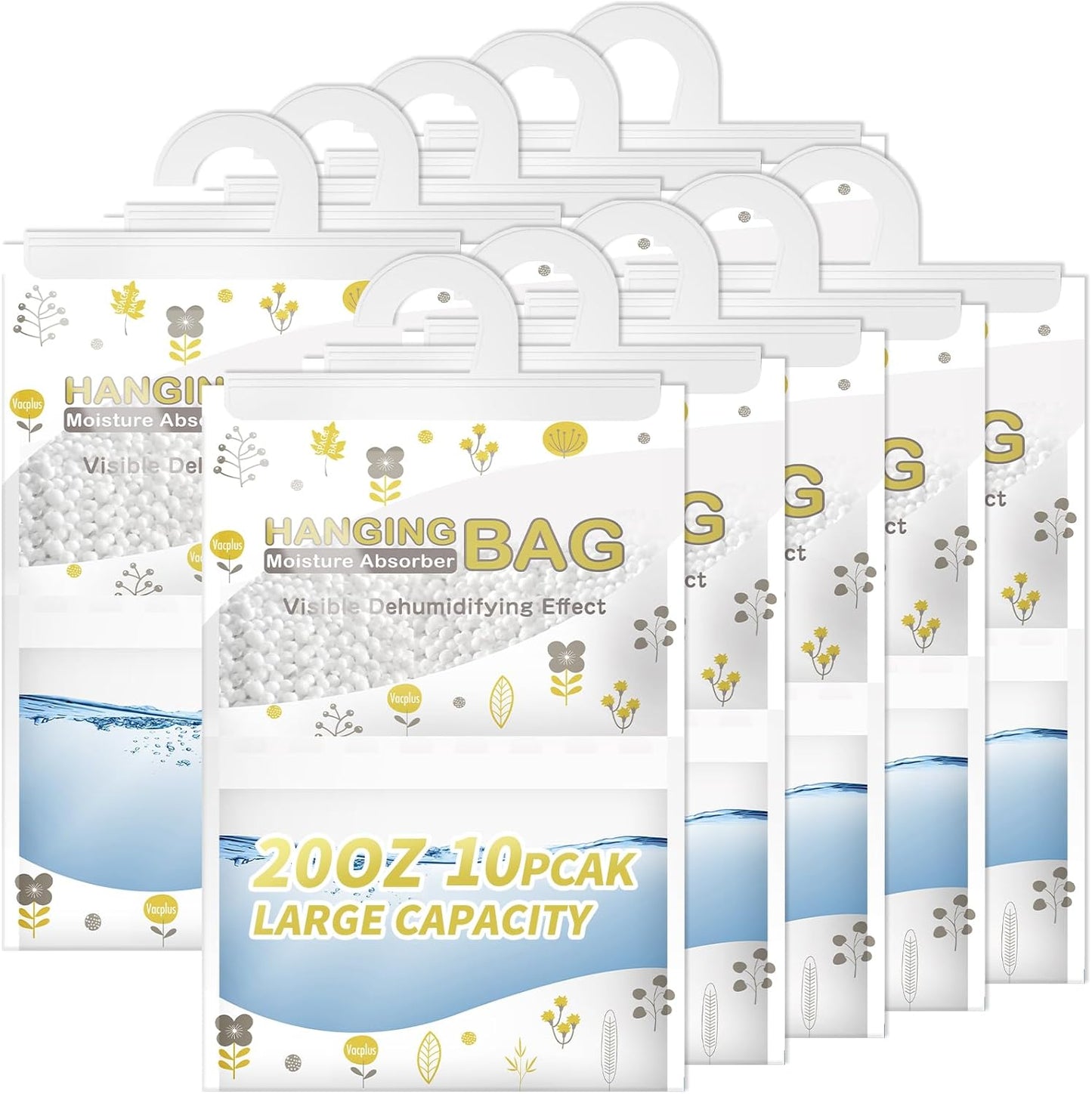 Vacplus Moisture Absorbers, Hanging Closet Dehumidifier Bags, Humidity Packs, Desiccant, Closet Dehumidifiers with Fragrance Free, 10 Pack, 9.8 OZ