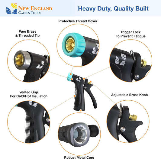 Industrial Hot/Cold Water Jet Hose Nozzle 500012 with Threaded Tip, Rear Trigger and Comfort Grip by New England Garden Tools for Cleaning Kitchens & Work Sites, Watering Plants & Yards, Washing Cars