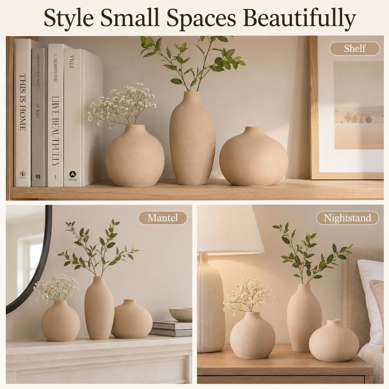 Small Ceramic Vase Set of 3,Bulk Mini Bud Vases for Flowers and Pampas Grass,Cute Boho Ellipse Home Decor for Coffee Table Centerpieces,Living Room,Office,Bookshelf,Entryway Decor (Green Floral)