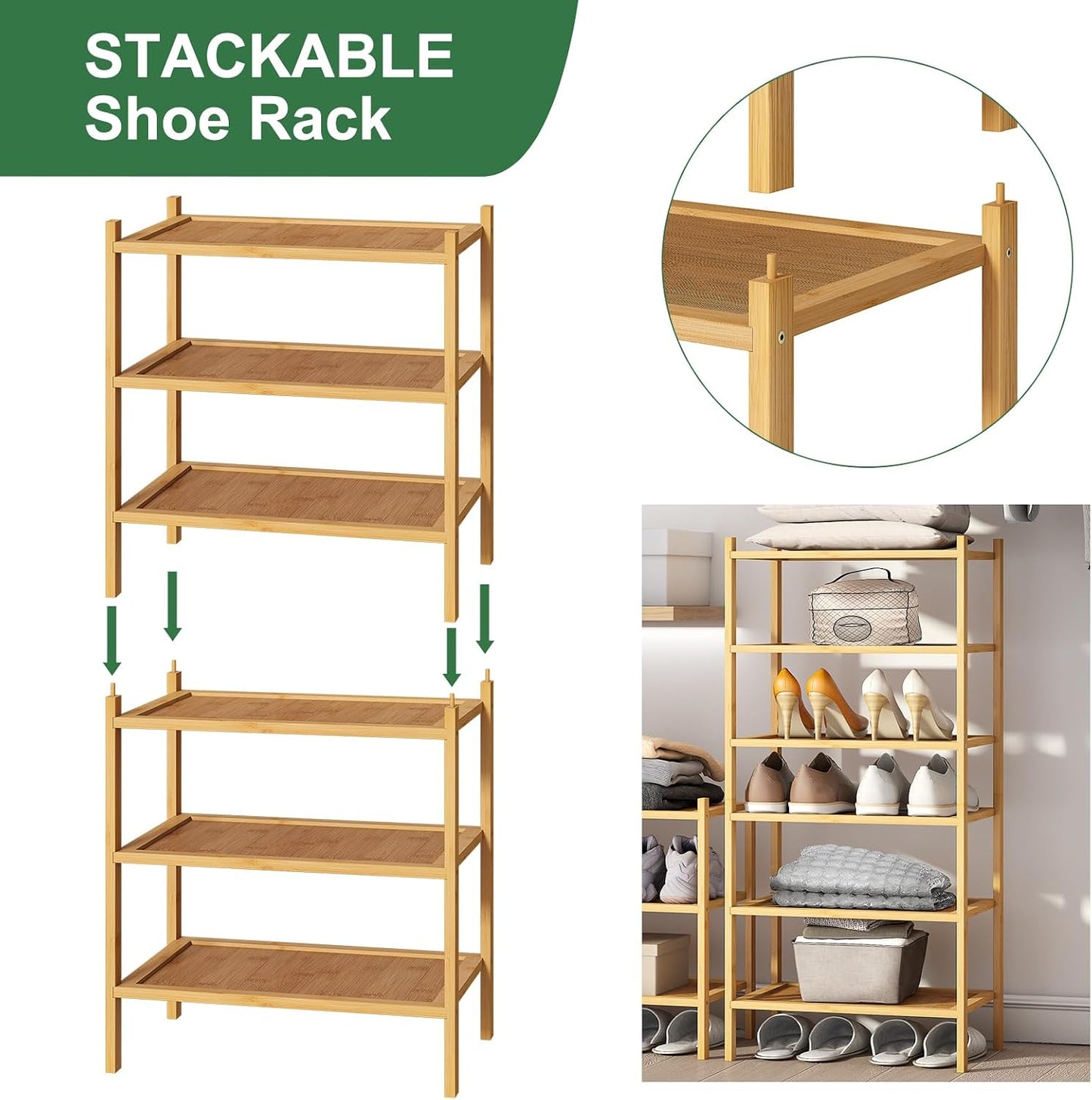 kiplant Small Shoe Rack, 4-Tier Bamboo Wood Shoe Rack for Entryway, Stackable Shoe Organizer for Hallway Closet, Free Standing Shoe Racks for Indoor & Outdoor