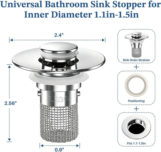 Bathroom Sink Drain Strainer,Pop Up Sink Stopper with Removable Stainless Steel Hair Catcher Basket, Anti-Clog Bathroom Sink Drain Plug for 1.1-2.36 Inch Drain Holes (Sliver 3Pcs)