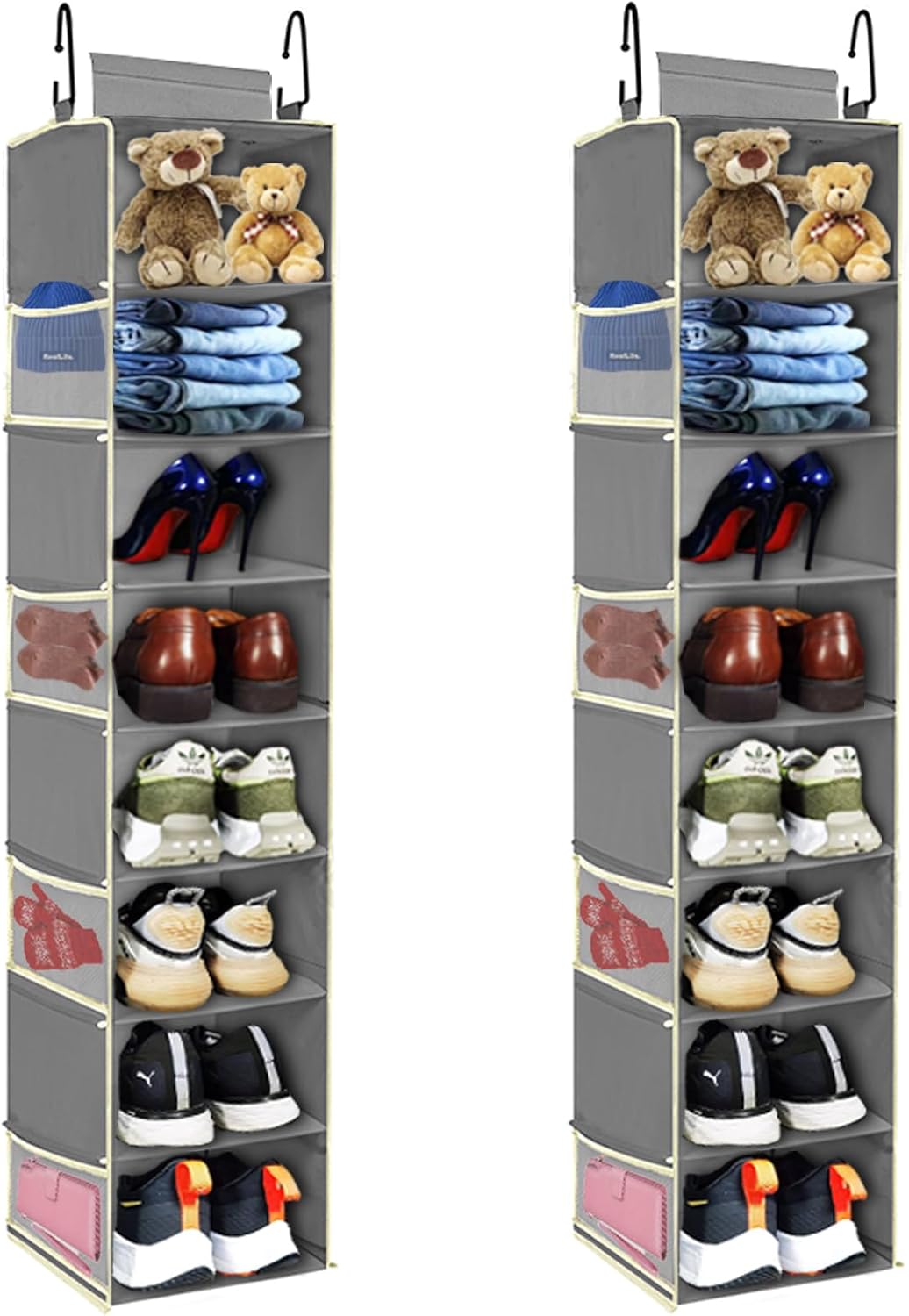Large-Sized Hanging Shoe Organizer 8-Shelf, Hanging Closet Organizer with 8 Side Pockets, Wider Hanging Shelves for Storage Shoes Clothes 9" W × 11.8" D× 48" H, Grey